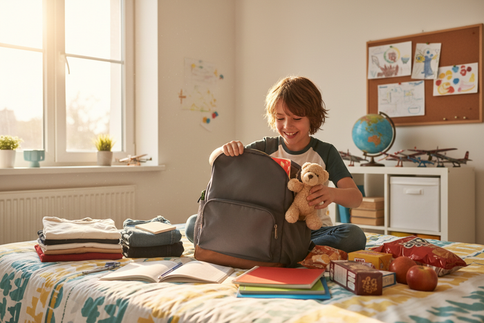 create an image of a child 8-9 years old packing his stuf for a schooltrip